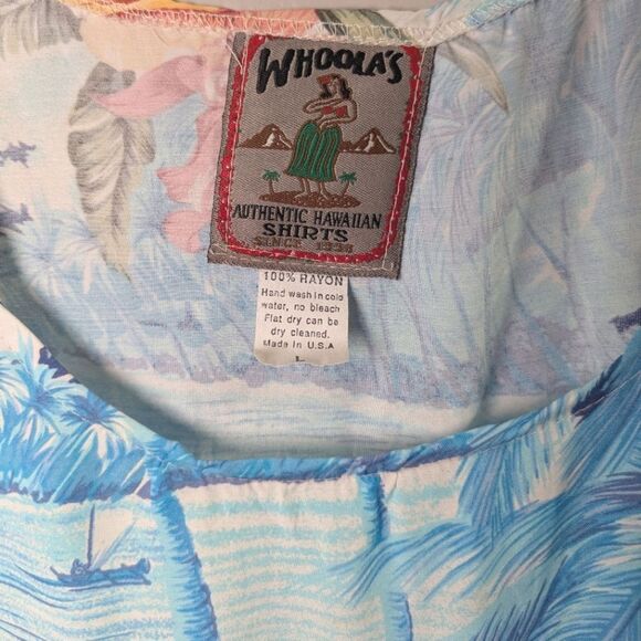 Vintage Hawaiian Made Whoola's Beach Boats Tropical Blue Print Rayon Dress L - Picture 3 of 6